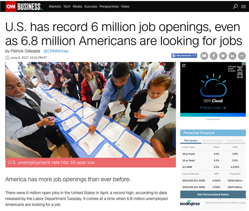 U.S. has record 6 million job openings, even as 6.8 million Americans are looking for jobs. 